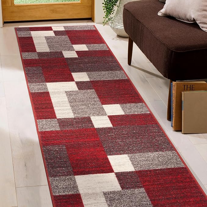 Rugshop Red Modern Geometric Boxes Non-Slip Area Rug Non-Shedding - Image 7