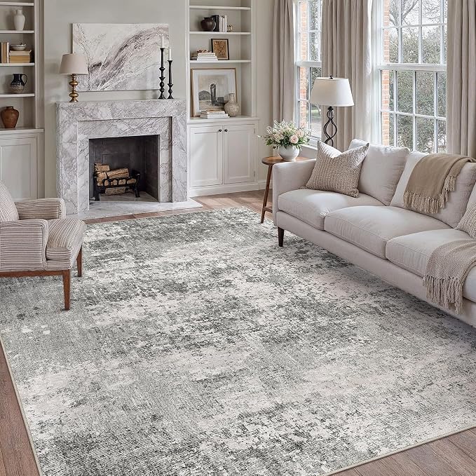8x10 Grey Area Rug Washable Modern Abstract Living Room Carpet Non Slip Neutral by PureCozy