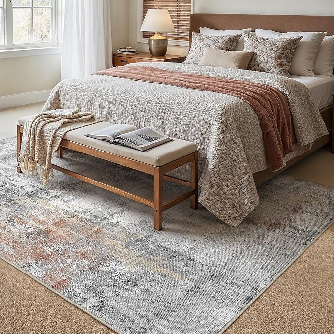 10x12 Washable Area Rug Grey Rust Abstract Living Room Bedroom Carpet Neutral - Image 3
