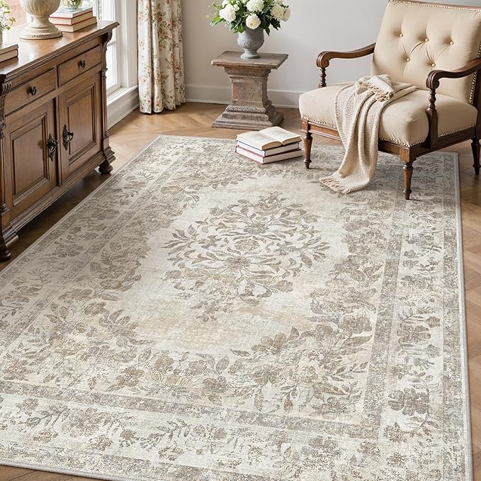 4x6 Area Rug Beige Washable Office Vintage Distressed Carpet Bedroom Indoor by PureCozy
