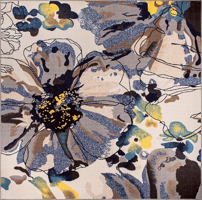 Rugshop Cream Bright Flowers Non Slip Non-Shedding Square Area Rug - Image 2