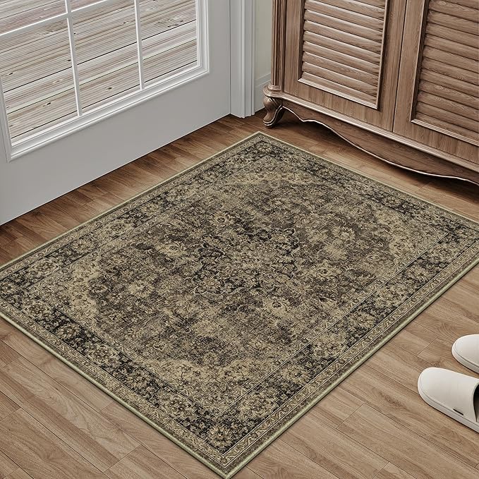 HUGEAR 2x3 Entryway Area Rug Retro Brown Small Rug Machine Washable Door Mat by HUGEAR