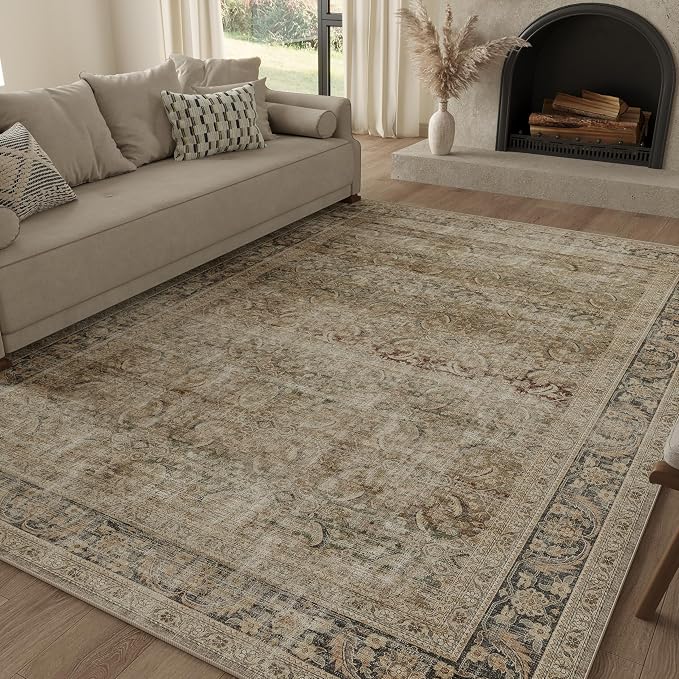 Fmfunctex 5x7 Washable Area Rug Neutral Vintage Brown Distressed Non Slip Low by Fmfunctex