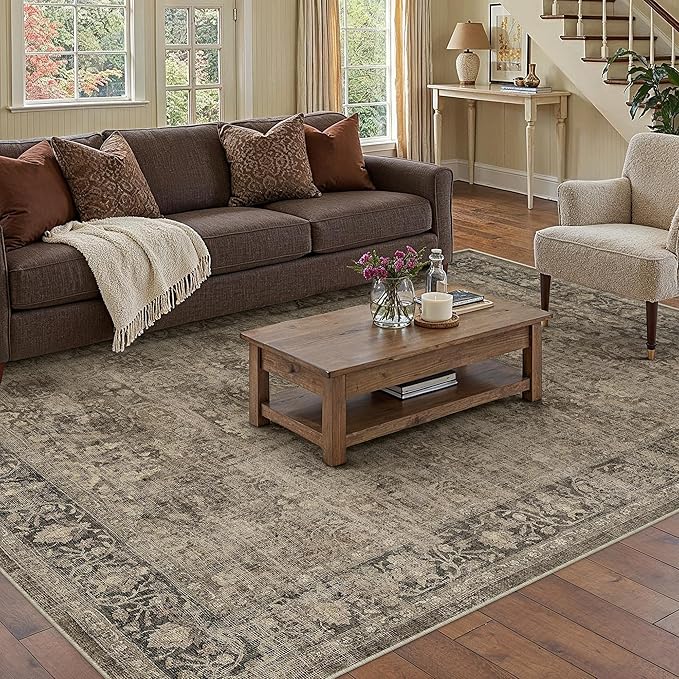 6x9 Brown Washable Area Rug for Living Room Bedroom Neutral Vintage Soft Non by WondRg