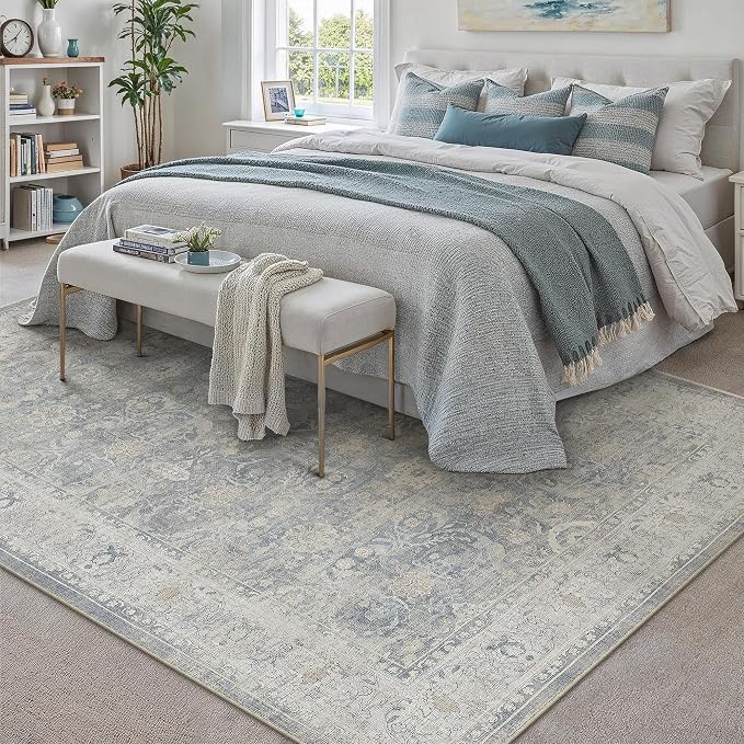 8x10 Blue Washable Area Rug for Living Room Bedroom Neutral Soft Non Slip Rug - Image 4